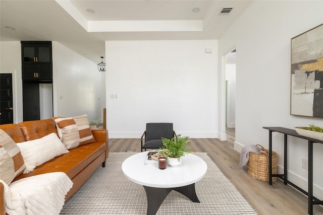 living room with a raised ceiling and light hardwood / wood-style flooring