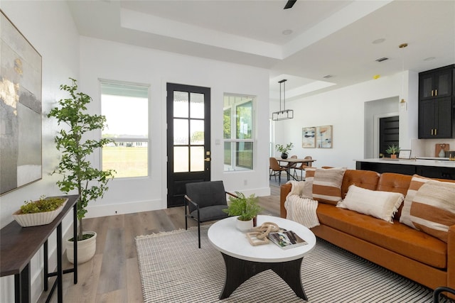 living room featuring light wood-type flooring and a tray ceiling