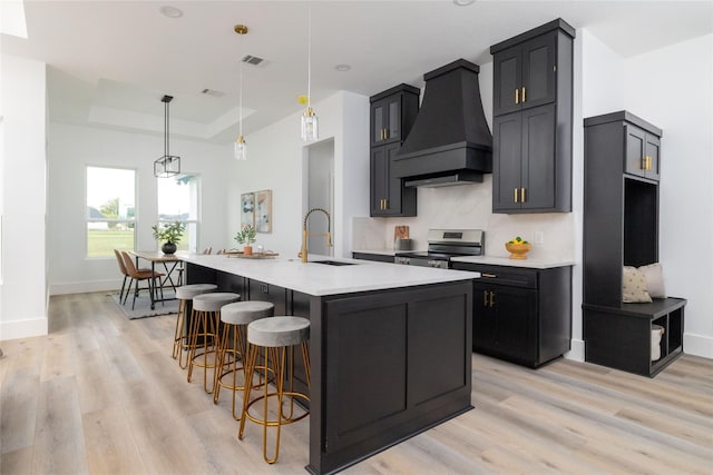 kitchen with stainless steel range, custom range hood, a raised ceiling, a kitchen island with sink, and sink