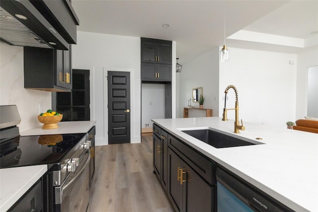 kitchen with sink, electric range, black dishwasher, hanging light fixtures, and range hood