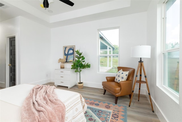 sitting room with light hardwood / wood-style floors, a raised ceiling, and ceiling fan