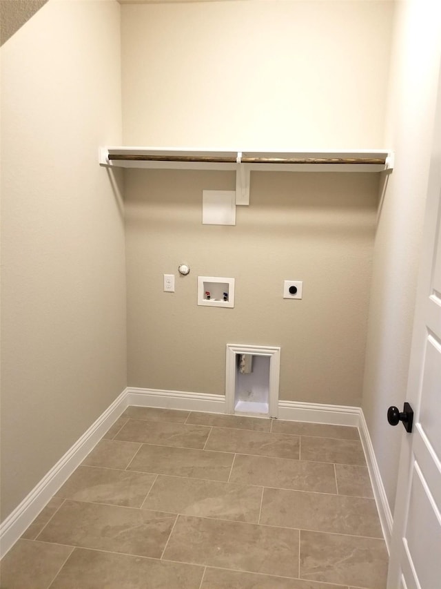 clothes washing area with gas dryer hookup, hookup for a washing machine, tile patterned floors, and electric dryer hookup