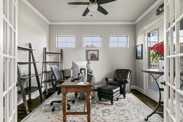 office featuring french doors, ceiling fan, dark hardwood / wood-style flooring, and crown molding