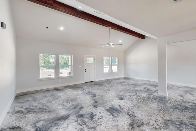 unfurnished living room featuring concrete flooring, vaulted ceiling with beams, and ceiling fan