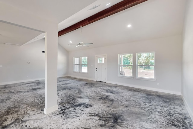 unfurnished living room featuring vaulted ceiling with beams and ceiling fan