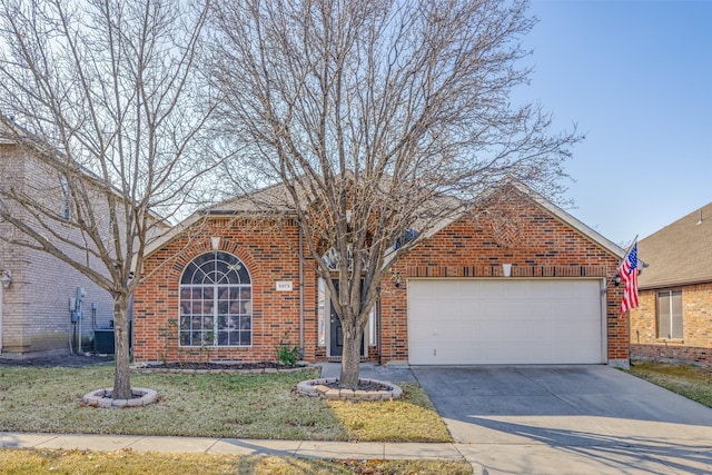 front facade with cooling unit, a garage, and a front lawn