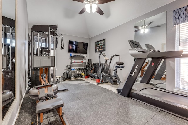 workout area featuring lofted ceiling and ceiling fan