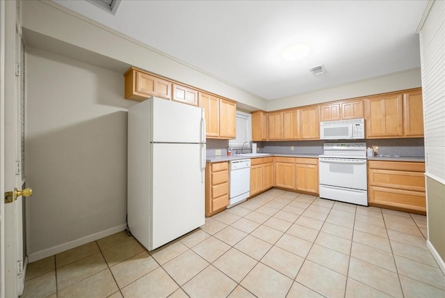 kitchen with sink, white appliances, light brown cabinetry, light tile patterned floors, and ornamental molding