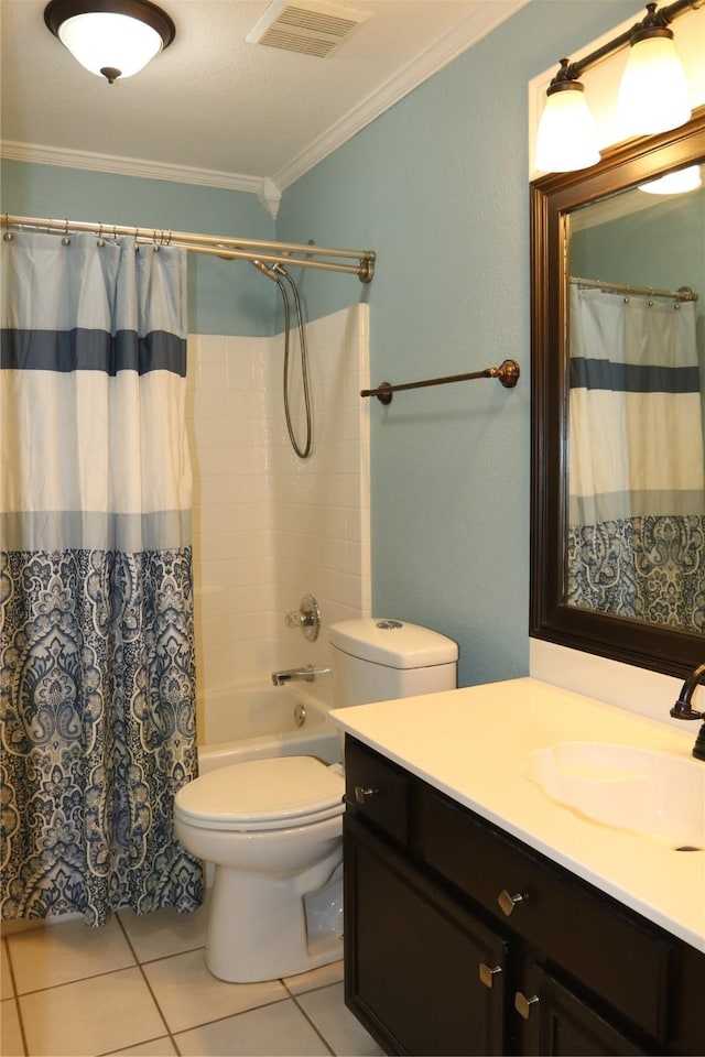 full bathroom featuring tile patterned flooring, toilet, vanity, shower / tub combo, and ornamental molding