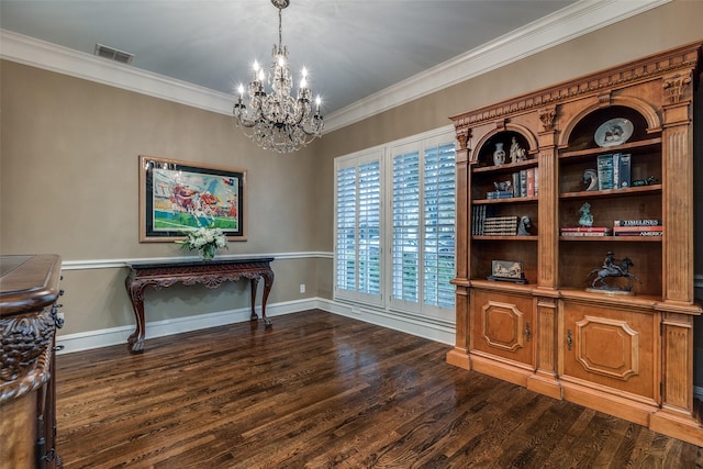 interior space featuring crown molding, dark hardwood / wood-style floors, and a notable chandelier