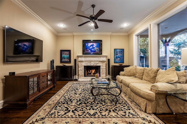 living room featuring a fireplace, ornamental molding, and dark hardwood / wood-style floors