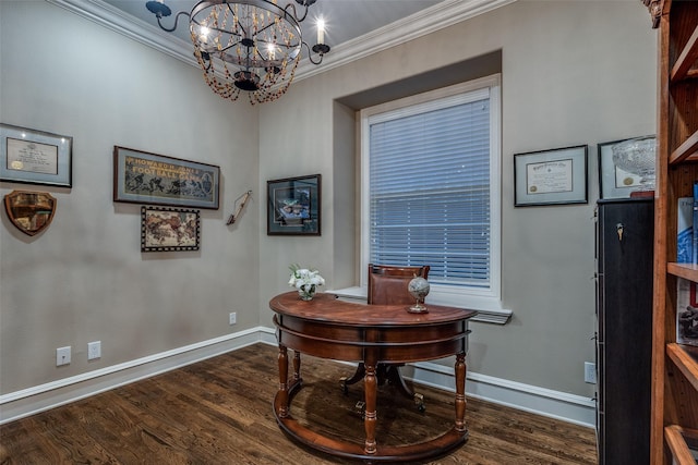 home office with ornamental molding, dark hardwood / wood-style flooring, and a notable chandelier