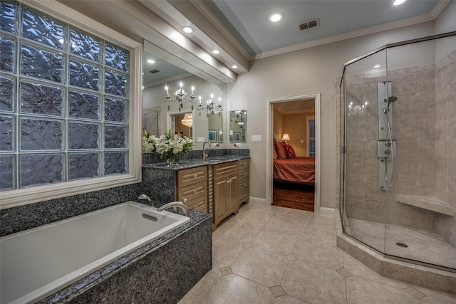 bathroom featuring ornamental molding, plus walk in shower, tile patterned flooring, and vanity