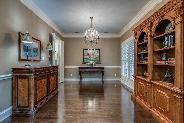 interior space featuring crown molding, dark hardwood / wood-style floors, and a chandelier