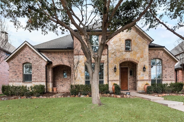 french provincial home with a front lawn