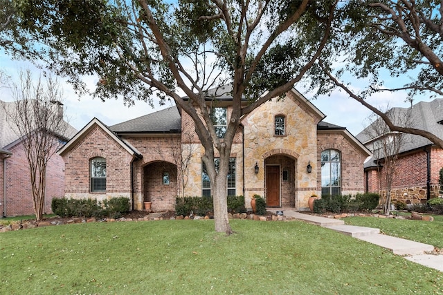 french country inspired facade with a front yard