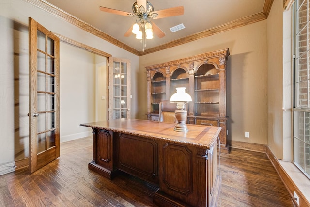 unfurnished office featuring dark hardwood / wood-style floors, ceiling fan, and ornamental molding