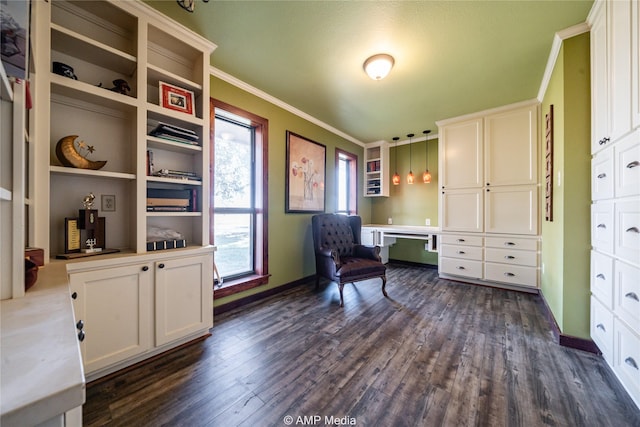 office featuring ornamental molding, dark wood-type flooring, built in features, and built in desk