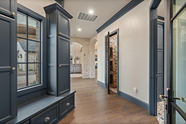 mudroom featuring a wealth of natural light, dark wood-type flooring, and crown molding