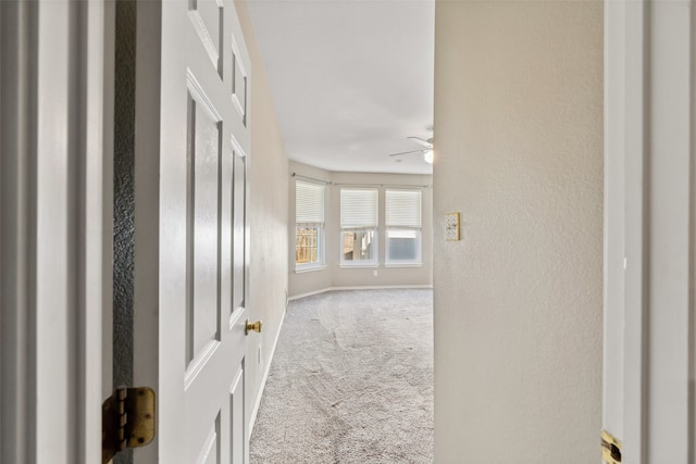 hallway with light colored carpet