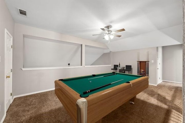 game room featuring ceiling fan, lofted ceiling, carpet flooring, and billiards