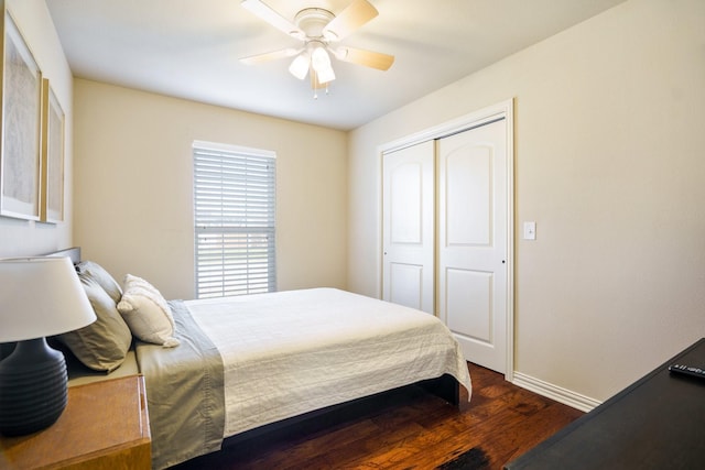 bedroom with ceiling fan, dark hardwood / wood-style flooring, and a closet