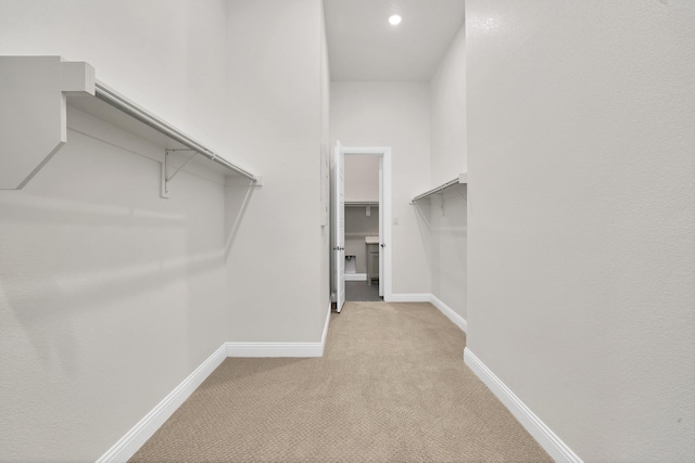 walk in closet with light carpet