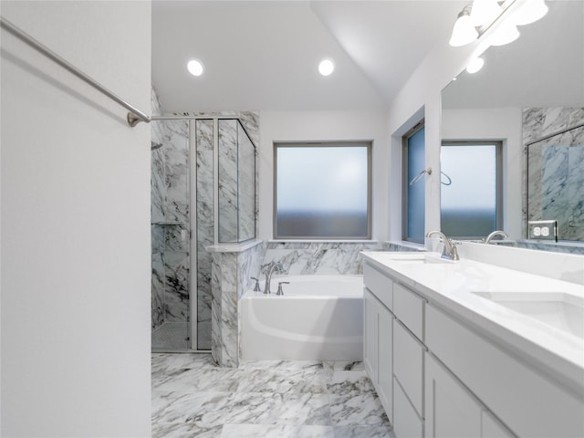 bathroom featuring vanity, plus walk in shower, and vaulted ceiling