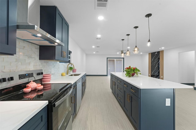 kitchen featuring stainless steel electric range oven, visible vents, decorative backsplash, a sink, and wall chimney range hood