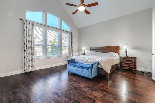 bedroom featuring ceiling fan, high vaulted ceiling, and dark hardwood / wood-style floors