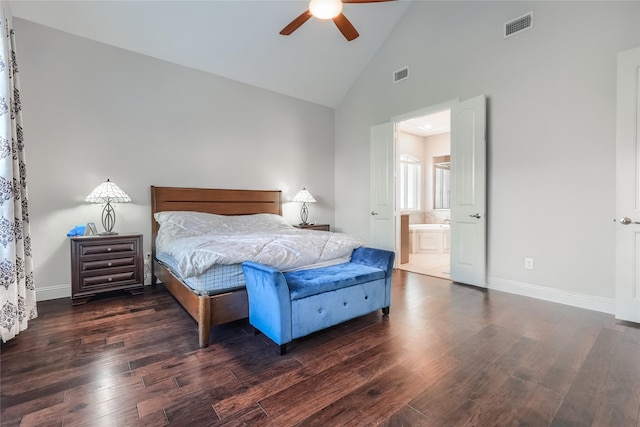 bedroom featuring high vaulted ceiling, ceiling fan, connected bathroom, and dark wood-type flooring