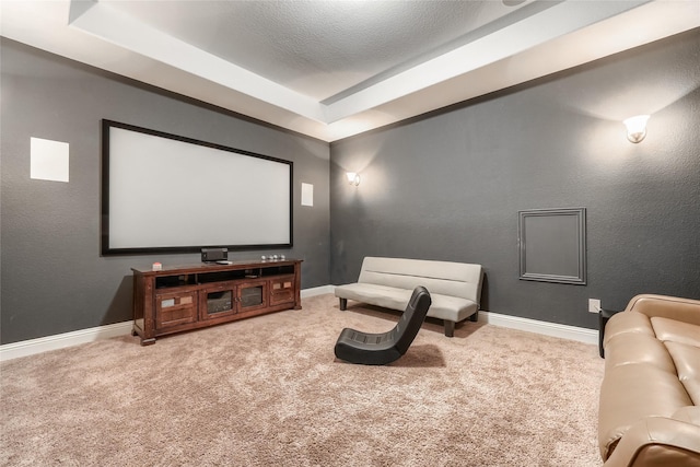 cinema featuring a raised ceiling, a textured ceiling, and carpet flooring