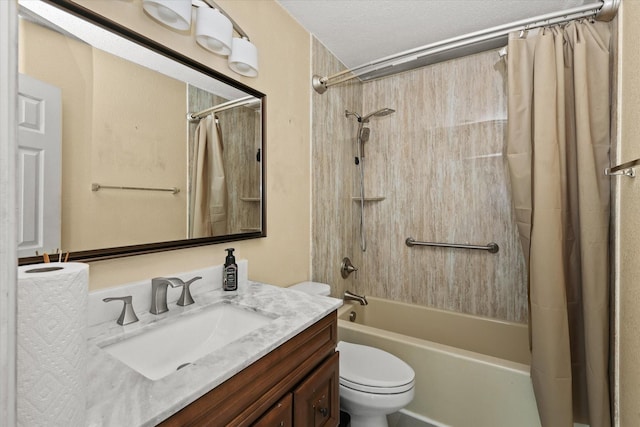 full bathroom featuring vanity, toilet, a textured ceiling, and shower / tub combo with curtain