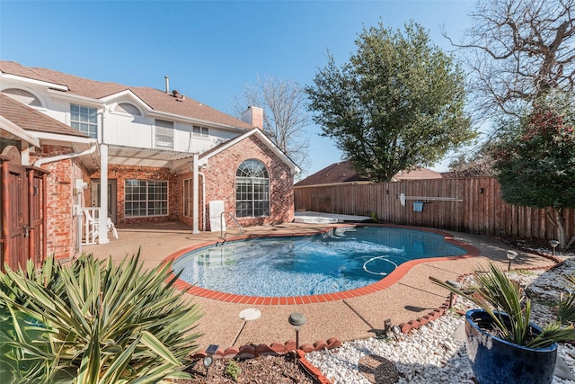 view of pool with a patio and a diving board