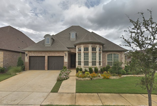 french provincial home featuring a front lawn and a garage