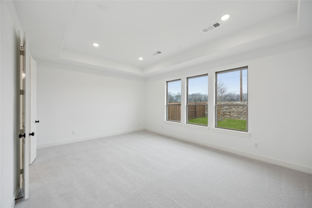 empty room featuring a tray ceiling and light carpet