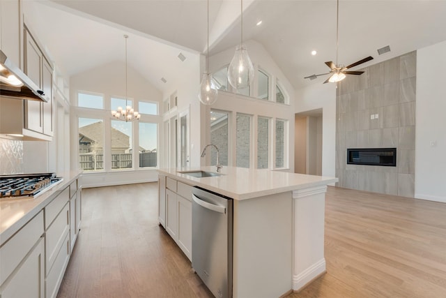 3542 Coneflower Trl, Prairie Ridge, TX 76084 - kitchen featuring a sink, stainless steel appliances, light wood finished floors, high vaulted ceiling, and light countertops