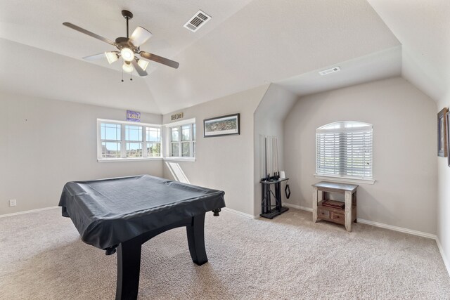 recreation room featuring ceiling fan, light carpet, vaulted ceiling, and pool table