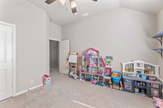 game room featuring ceiling fan, carpet floors, and lofted ceiling