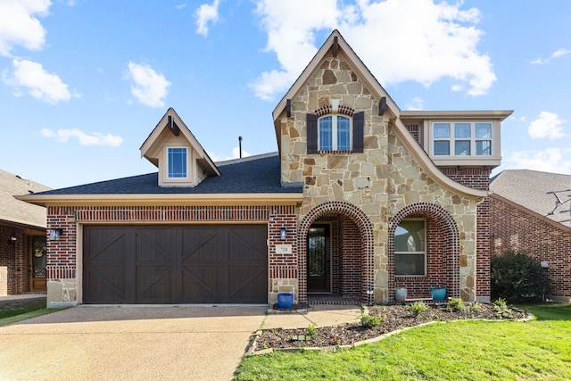 view of front of property with a garage and a front yard