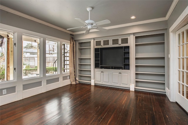 unfurnished living room featuring ceiling fan, crown molding, built in features, and dark wood-type flooring