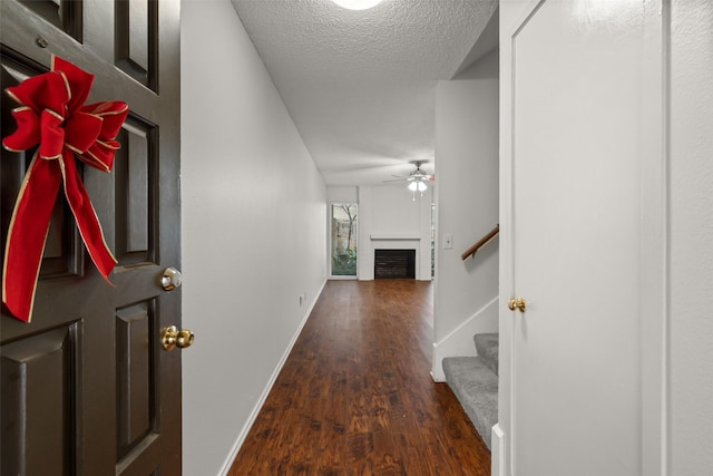 foyer with dark hardwood / wood-style flooring, ceiling fan, and a textured ceiling