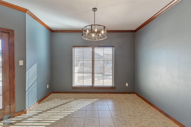 unfurnished room with crown molding, light tile patterned floors, and a notable chandelier