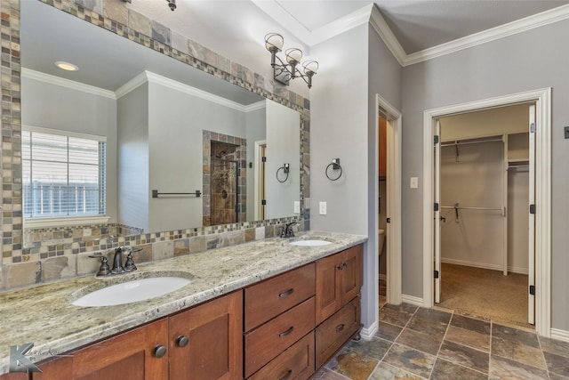 bathroom with crown molding, a shower with door, backsplash, vanity, and toilet