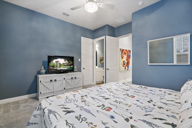 bedroom with ceiling fan and carpet floors