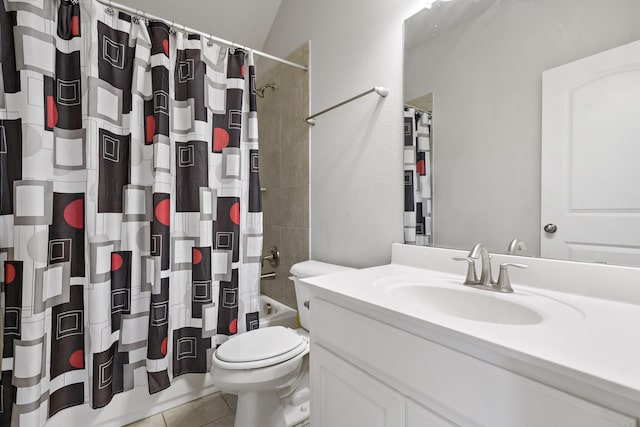 full bathroom with tile patterned floors, vanity, vaulted ceiling, shower / bathtub combination with curtain, and toilet