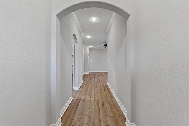 corridor featuring light hardwood / wood-style floors and ornamental molding