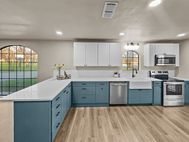 kitchen featuring sink, kitchen peninsula, light hardwood / wood-style flooring, appliances with stainless steel finishes, and white cabinetry