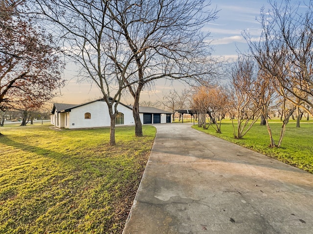 view of front facade with a yard and a garage