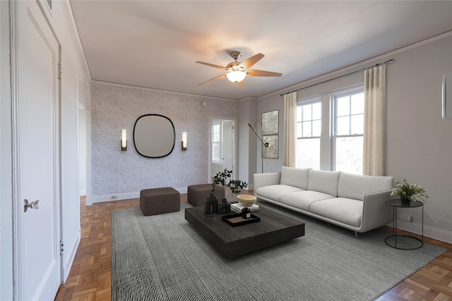 living room featuring baseboards, ceiling fan, crown molding, and wallpapered walls